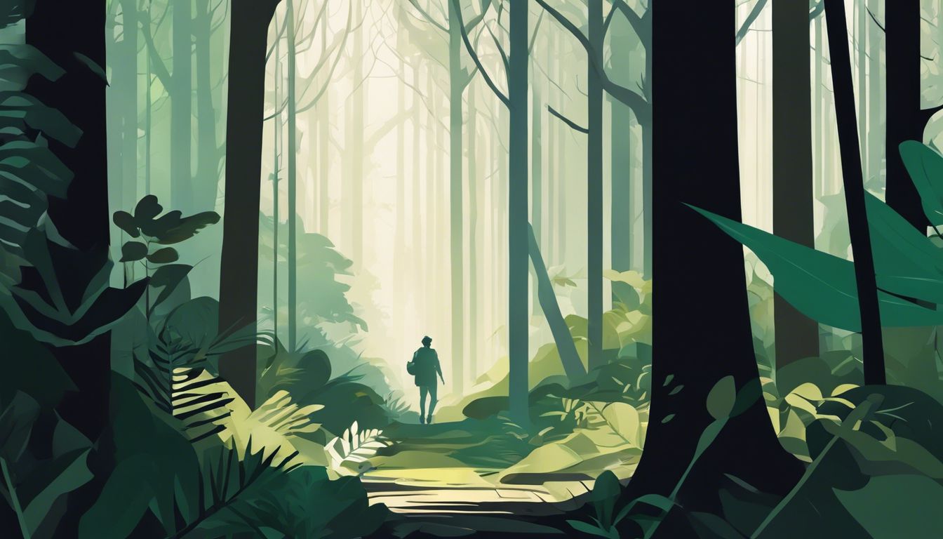 A person walking through a dense, mysterious forest.