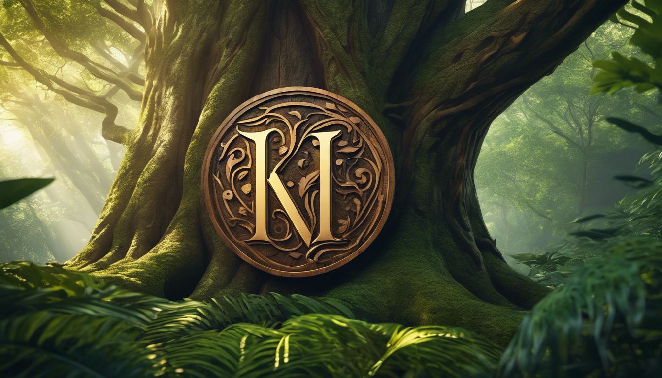 A flat design style of the first letter of a name carved into a tree trunk in a lush forest with vibrant flora and fauna.