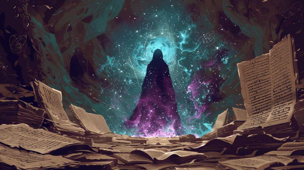 Flat design of a mystical figure with cosmic symbols