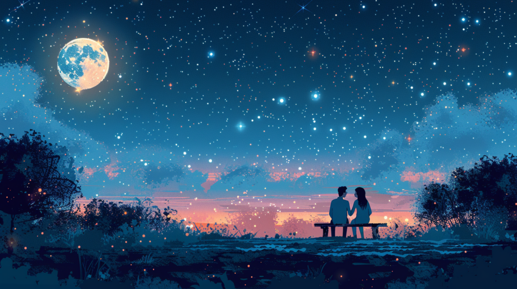 Flat design of a romantic scene under a starry night