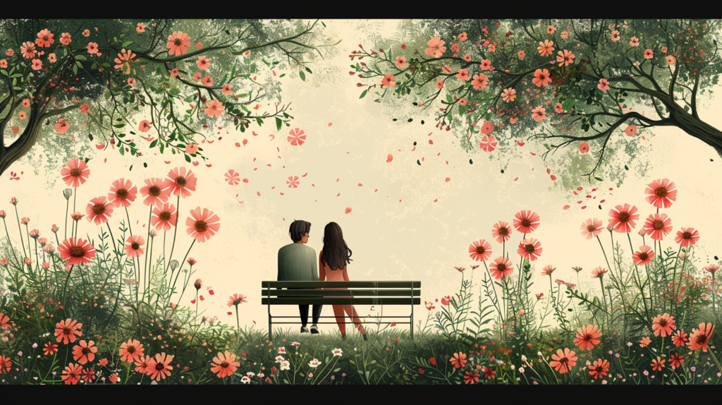 a couple sitting on a simplified bench