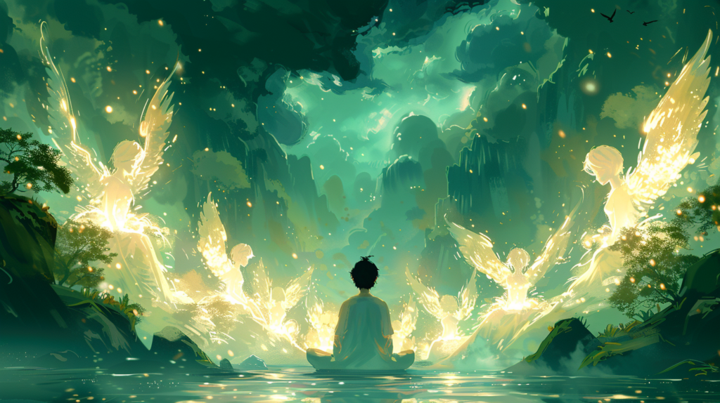 a serene depiction of a person receiving guidance from stylized angelic figures