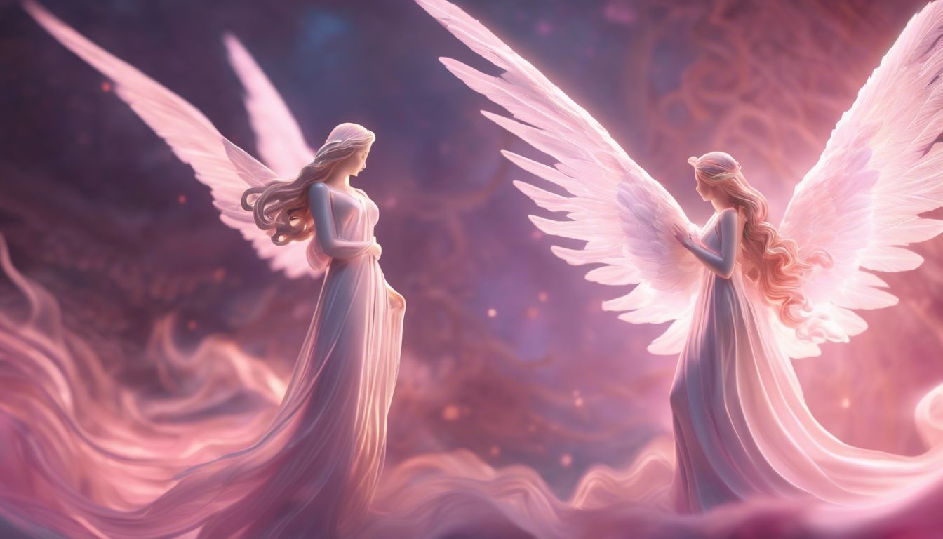The image shows intertwined angel figurines representing the concept of twin flames.