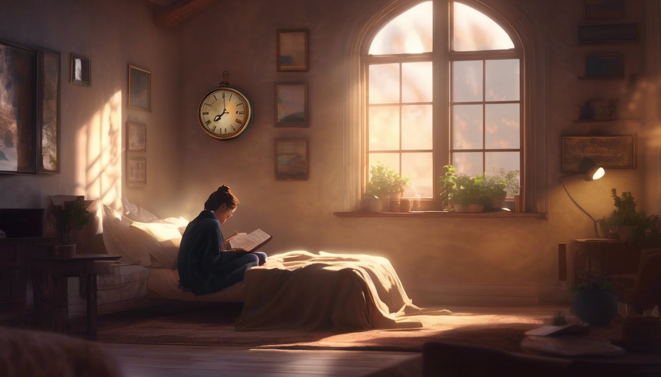 A person in their 30s sits in a cozy room, looking at a wall clock.