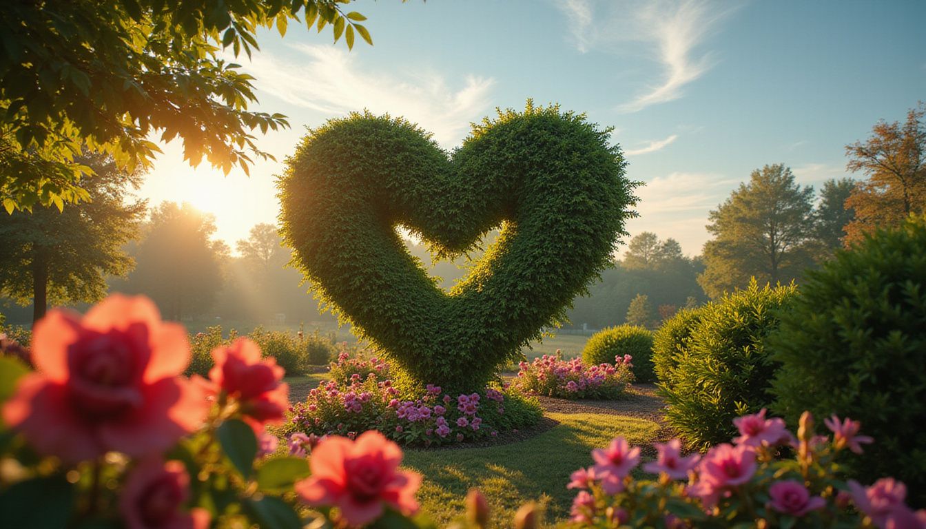 A heart-shaped topiary surrounded by vibrant flowers in a serene garden.