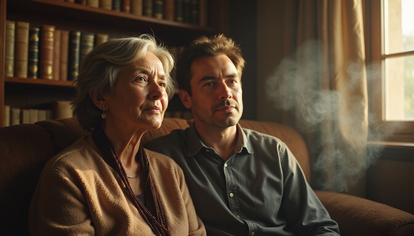 An older woman and a man share a profound, intimate conversation.