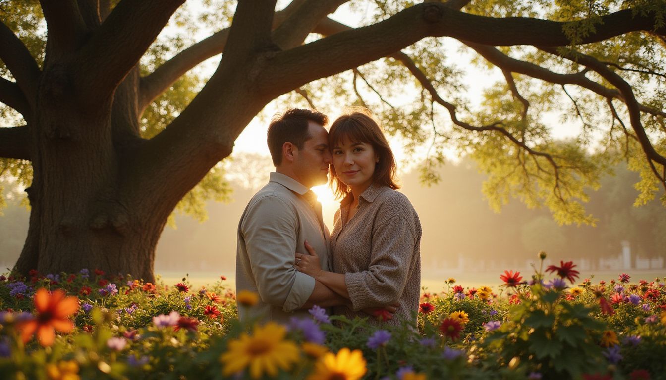 A loving couple stands together beneath a majestic oak tree.