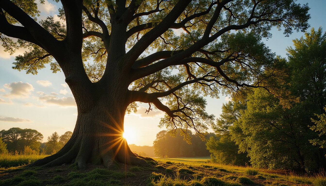 A majestic oak tree stands resilient amid a lush forest backdrop.